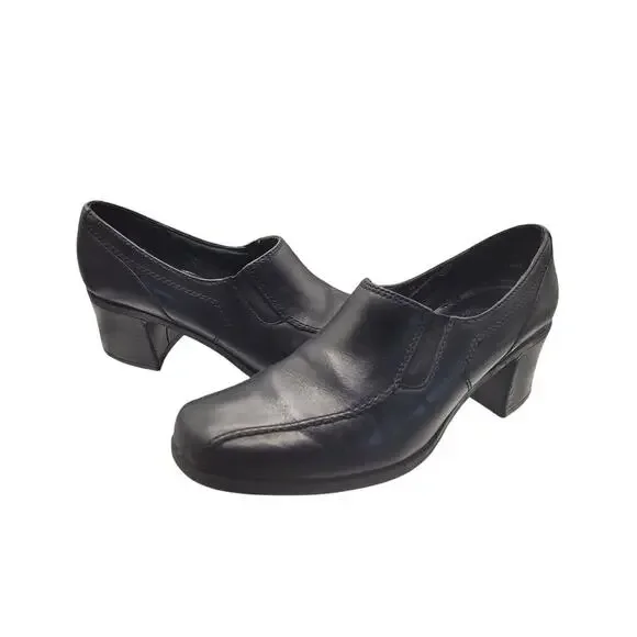 Clarks Womens Black Loafers Leather Slip on Block Heel 2" Sz 8 - Picture 5 of 10